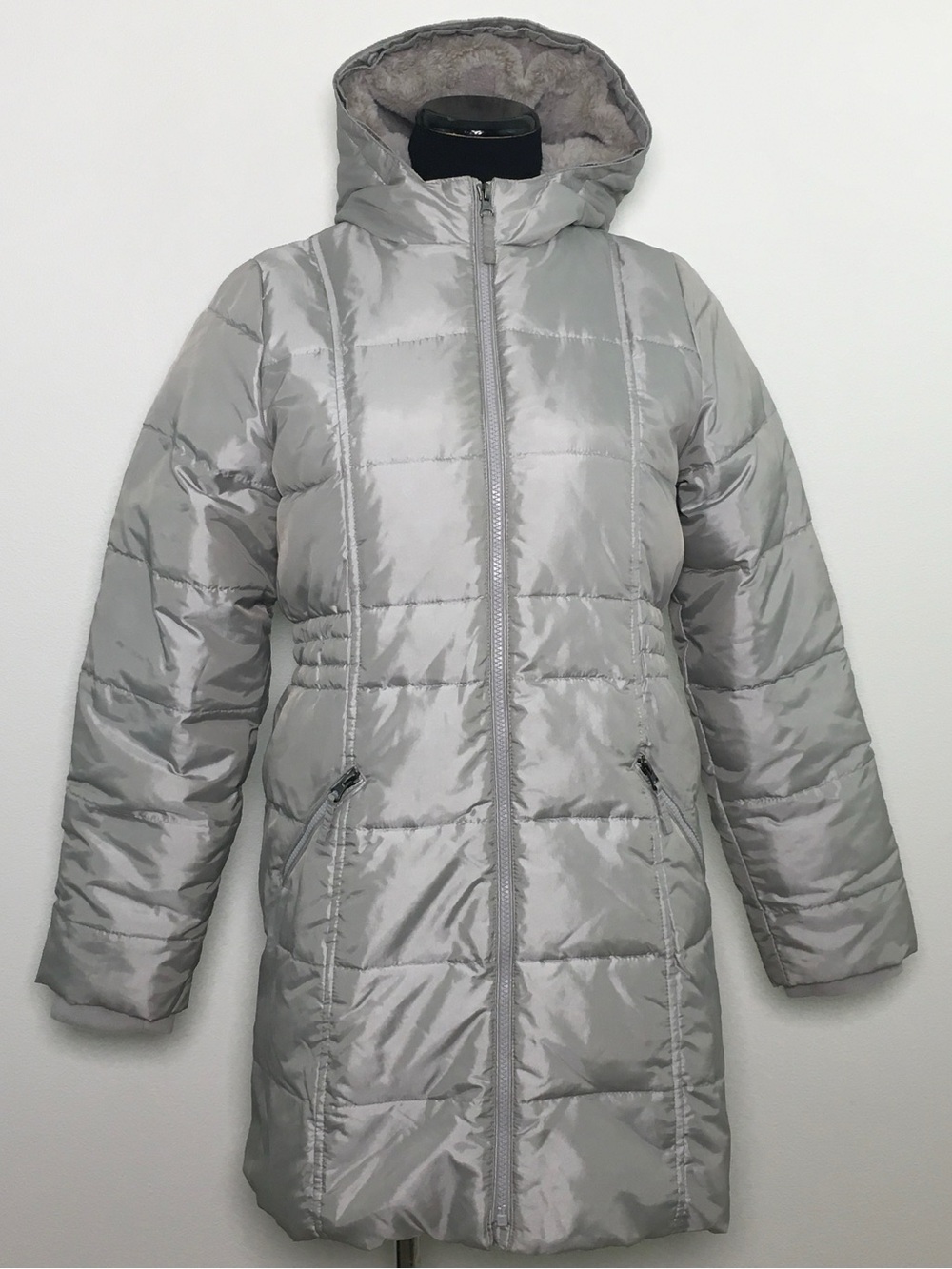 Women's Silver Hooded Puffer Coat - Light Gray Winter Jacket